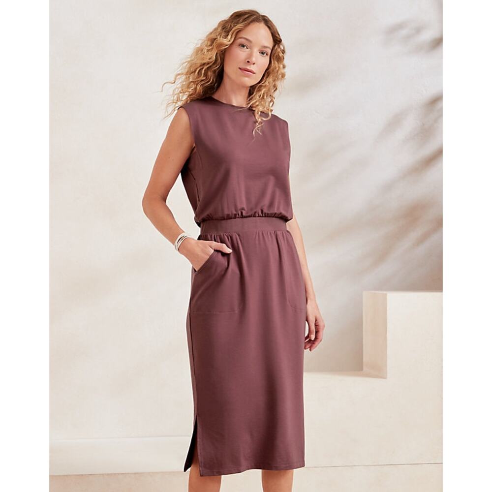 Garnet Hill Large Midi Cinch Waist Dress Tencell Lyocell Mauve Pink Sleeveless